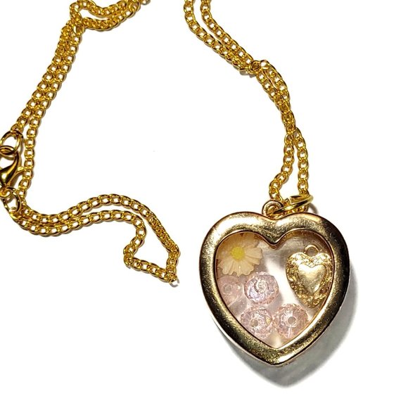 Fun Gold Plated Locket Necklace with Peach Flower, Pink Beads and Gold Heart - Picture 11 of 13